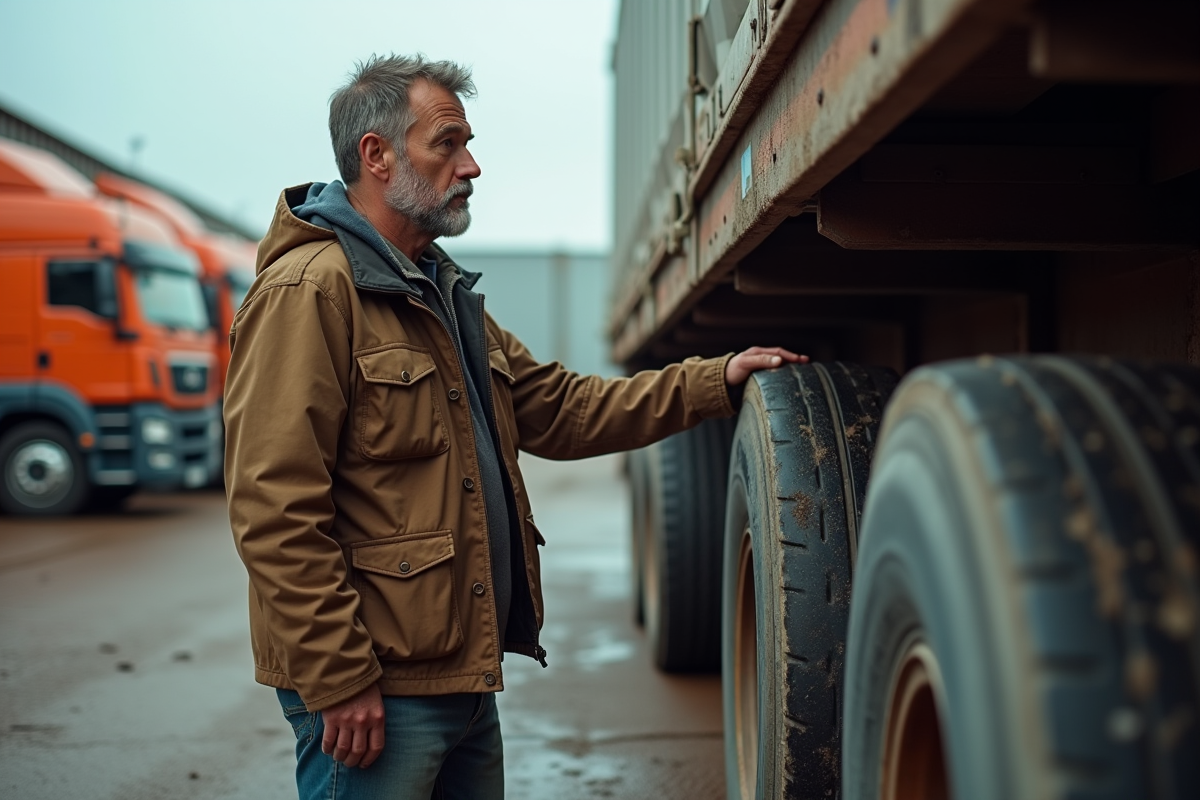 Homme d'âge moyen inspectant un camion de fret en extérieur