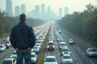 Homme en jeans et veste regardant la route congestionnee