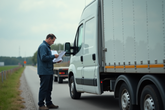Homme d'âge moyen près d'une camionnette blanche en campagne