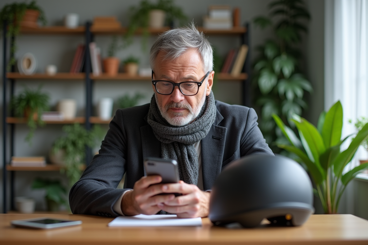 Homme vérifiant son assurance sur smartphone à la maison