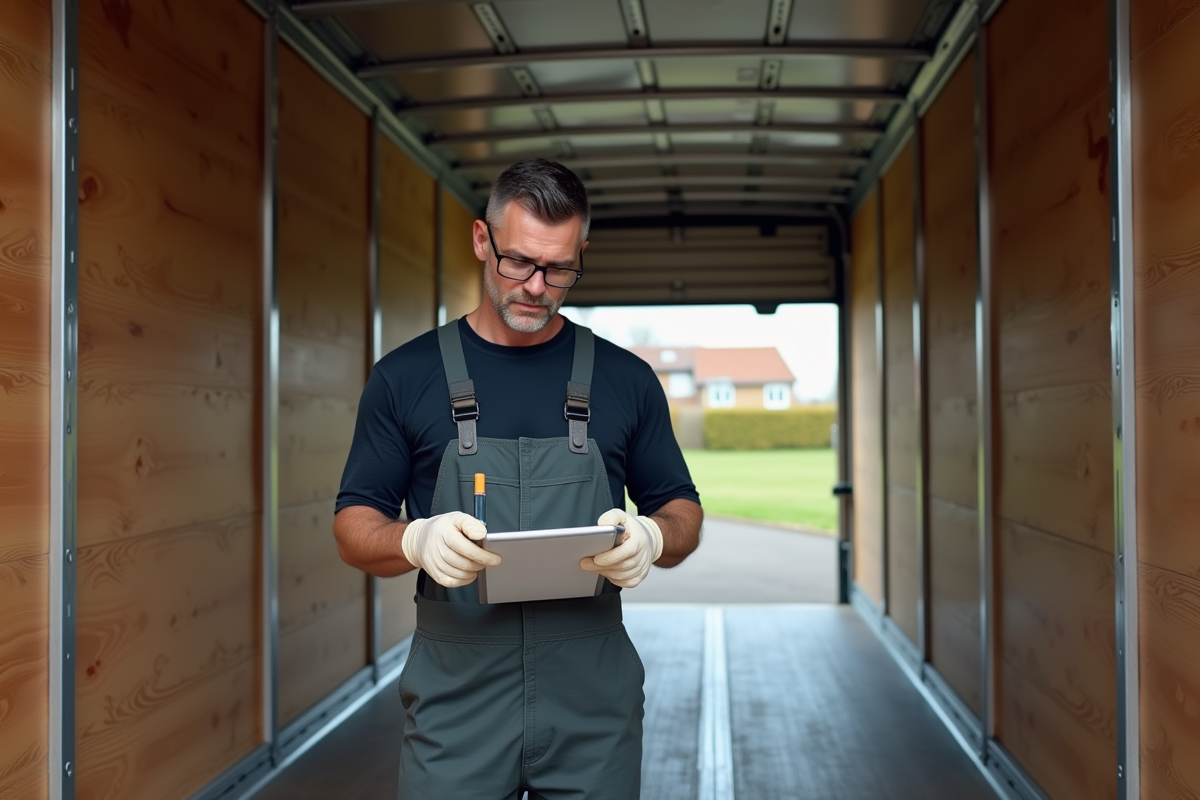 Homme en tenue de travail vérifiant la liste de déménagement dans le camion
