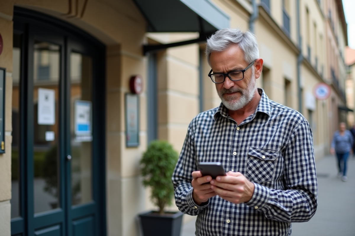 Homme vérifiant son permis de conduire devant une mairie