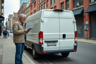 Homme d'âge moyen examinant un van blanc en ville