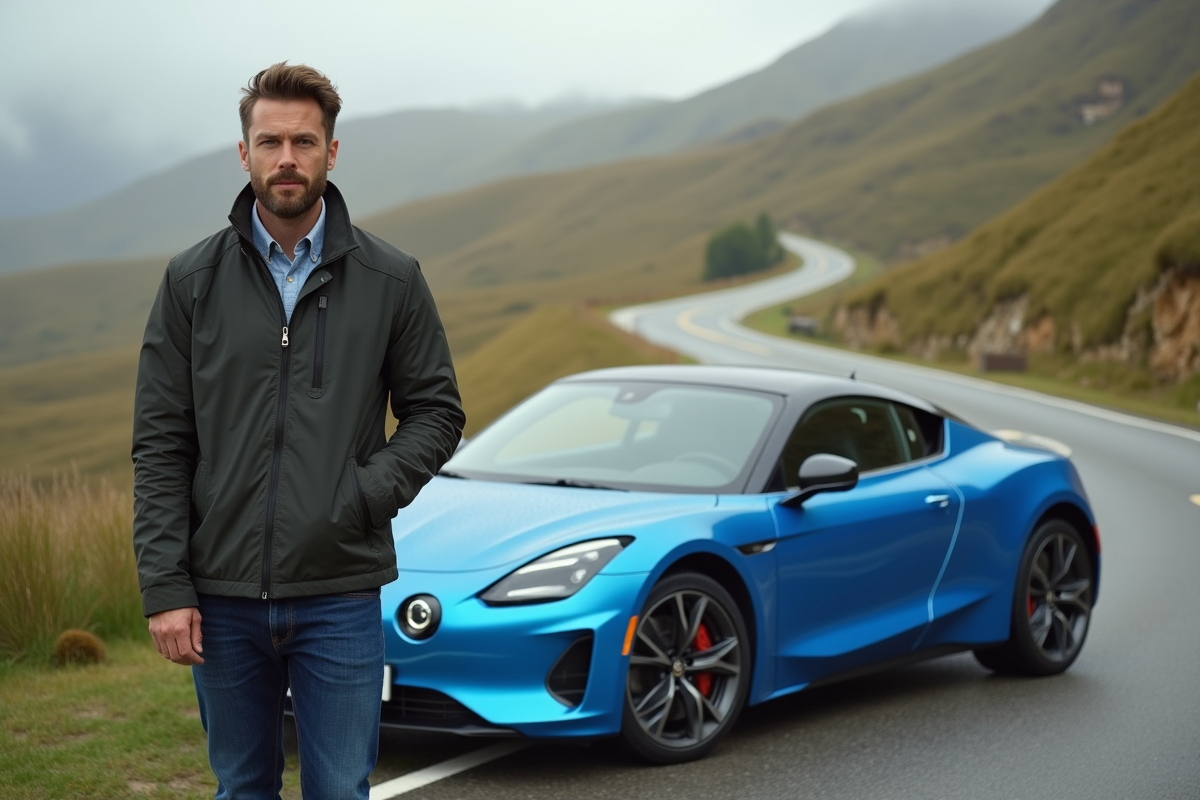 Homme devant une Alpine A110 en montagne