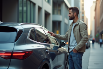 Homme devant une voiture moderne en ville