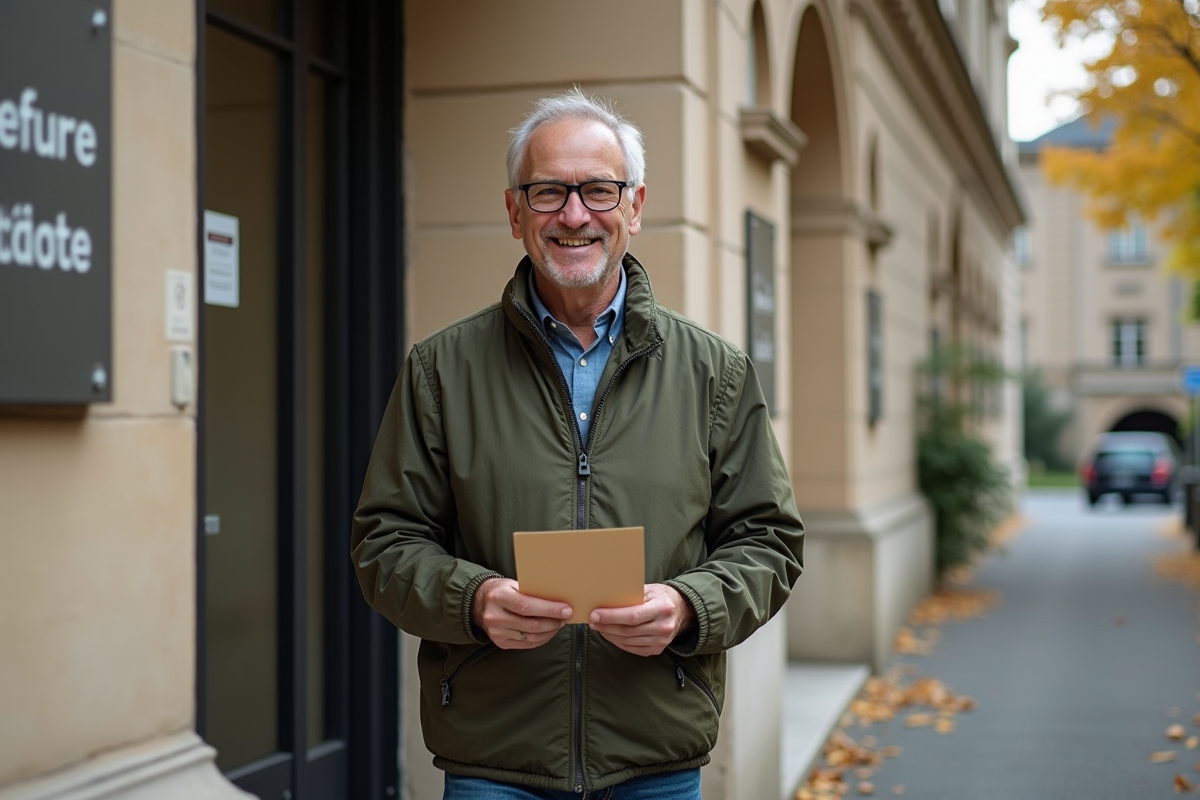 Homme souriant avec une enveloppe devant un bâtiment administratif