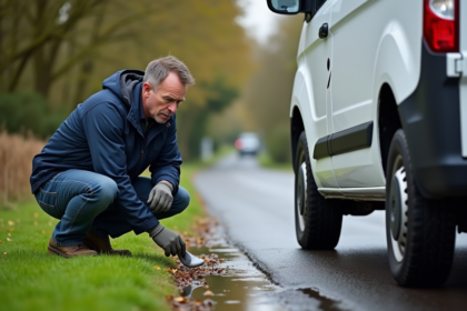 Homme inspectant une fuite de diesel à côté d'une camionnette