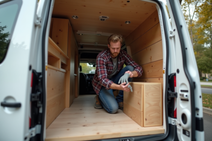Homme installant un panneau en bois dans un van blanc aménagé