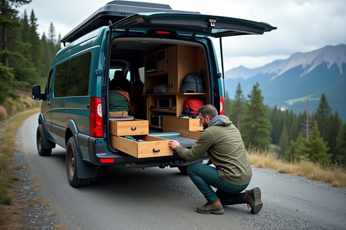 Homme installant tiroirs dans un van camper en montagne