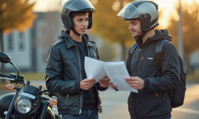 Jeune adulte présentant documents à un instructeur moto en extérieur