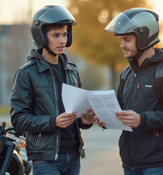 Jeune adulte présentant documents à un instructeur moto en extérieur