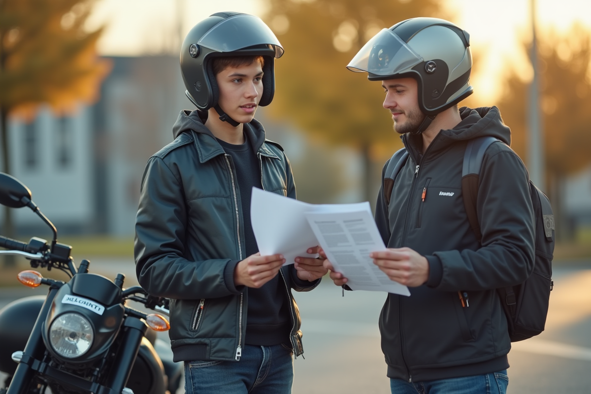 Jeune adulte présentant documents à un instructeur moto en extérieur