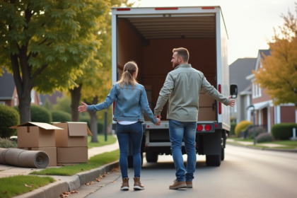 Jeune couple devant un camion de déménagement en banlieue