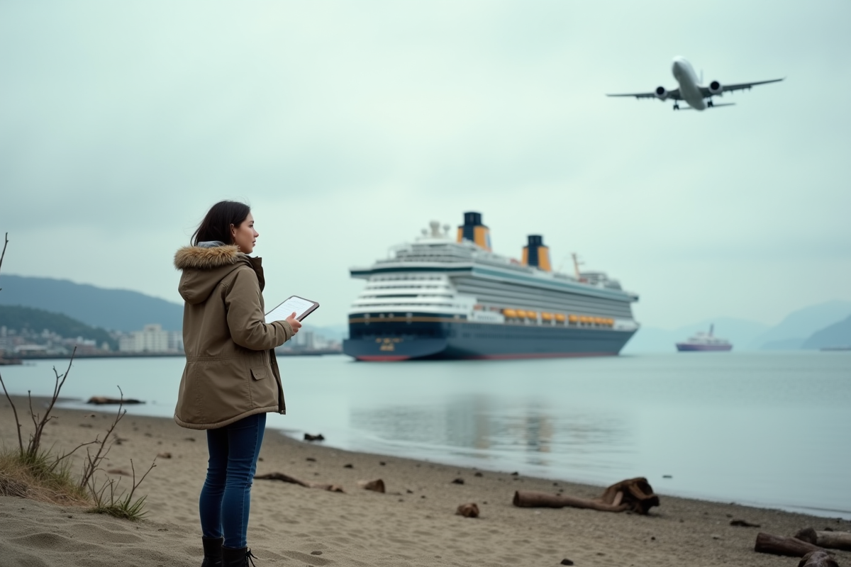 Jeune femme avec carnet observant le port et le bateau