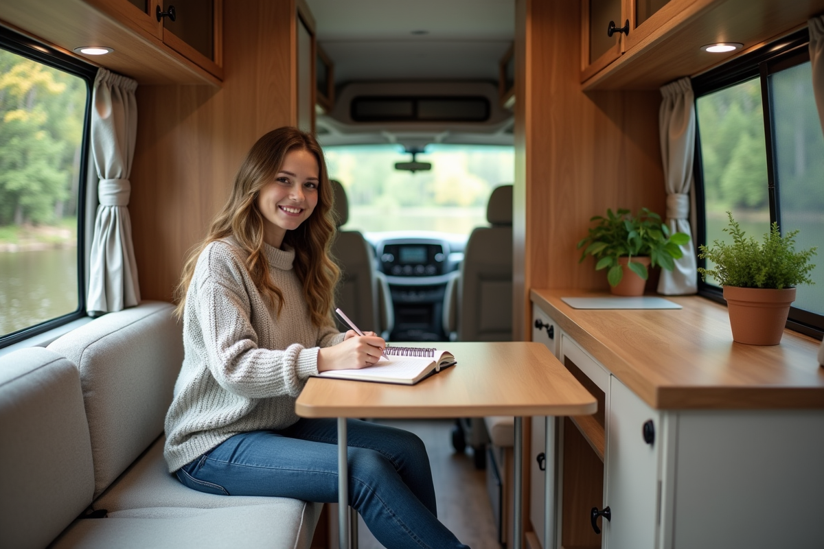 Femme écrivant dans un journal à l’intérieur d’un van aménagé
