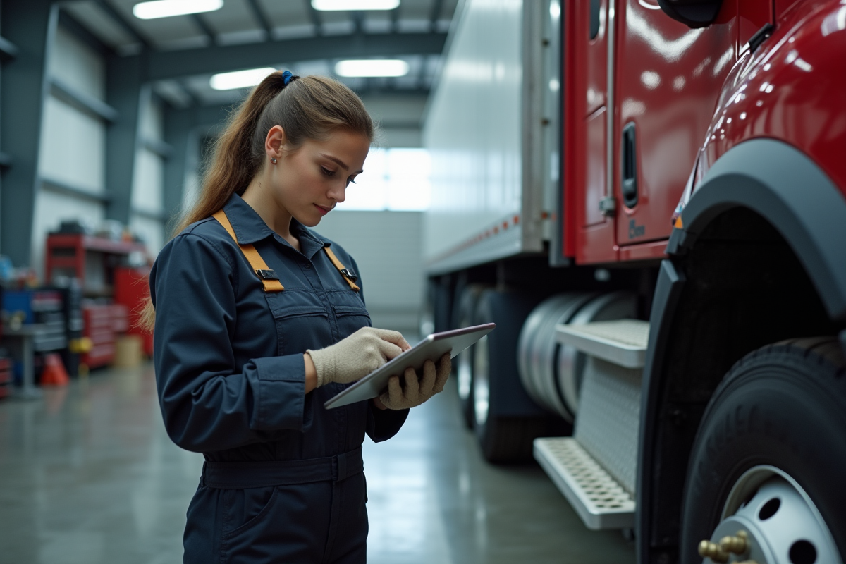 Jeune mécanicienne utilisant une tablette près d