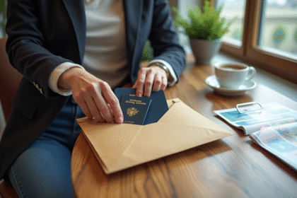 Jeune femme rangeant ses papiers de voyage dans une enveloppe