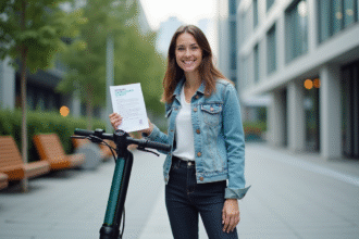 Jeune femme avec scooter et certificat d'assurance en ville