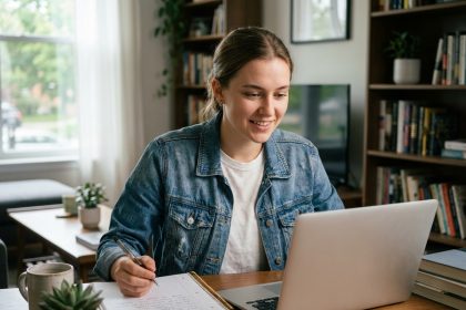 Jeune femme concentrée travaillant à son bureau à la maison