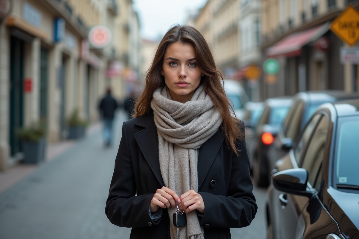 Jeune femme avec clés de voiture dans une rue urbaine