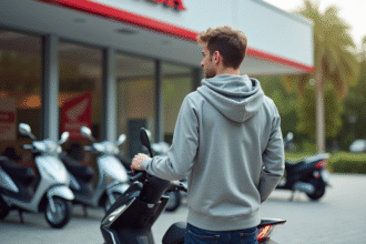 Jeune homme examine une Honda Dax devant un concessionnaire