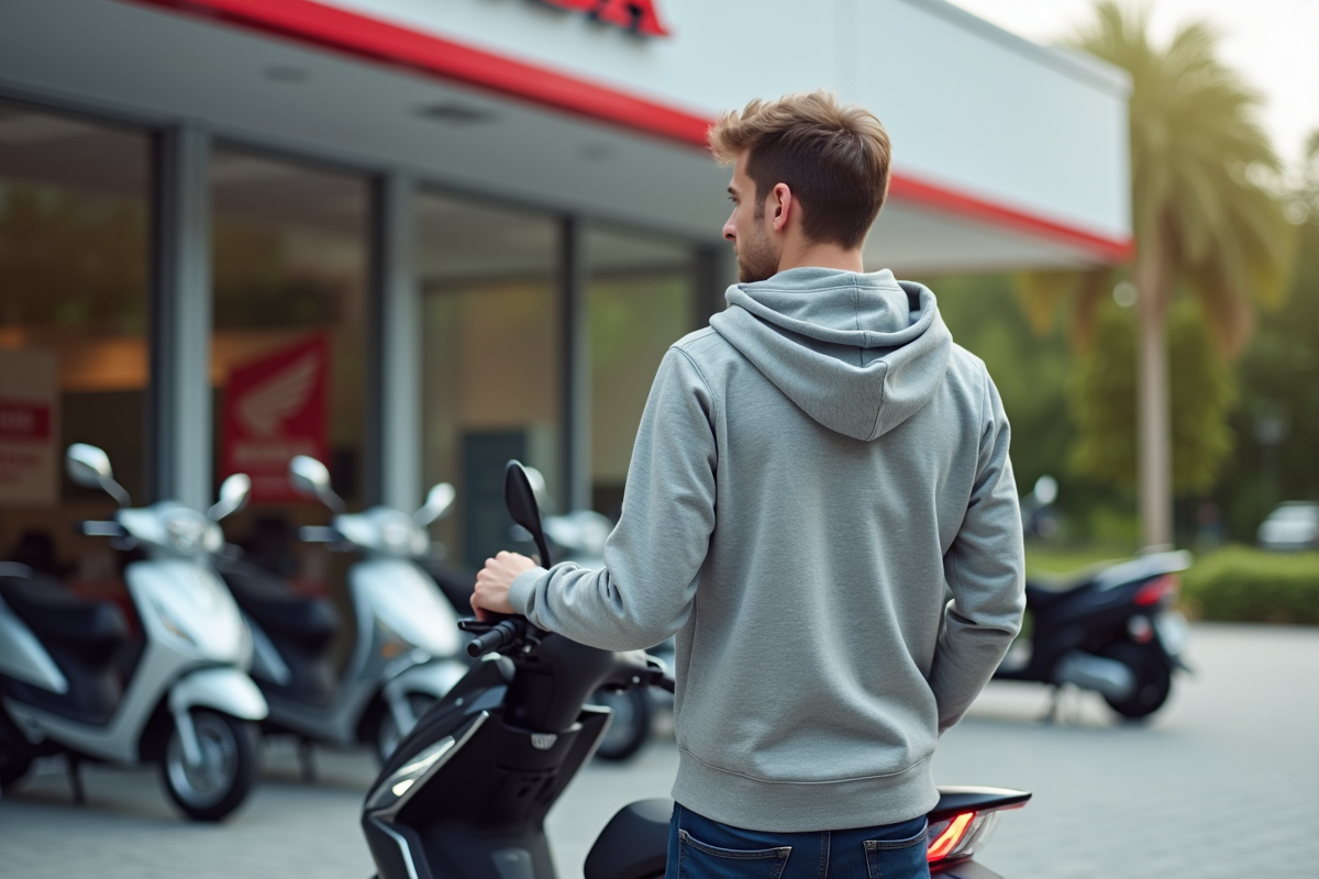 Jeune homme examine une Honda Dax devant un concessionnaire