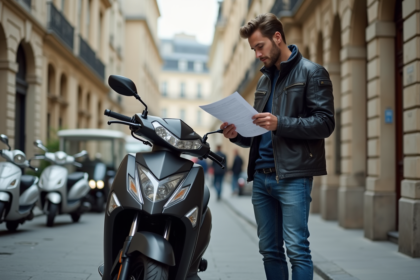Jeune homme français à moto 125cc dans une rue parisienne