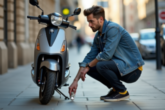 Jeune homme examinant un scooter endommagé en ville