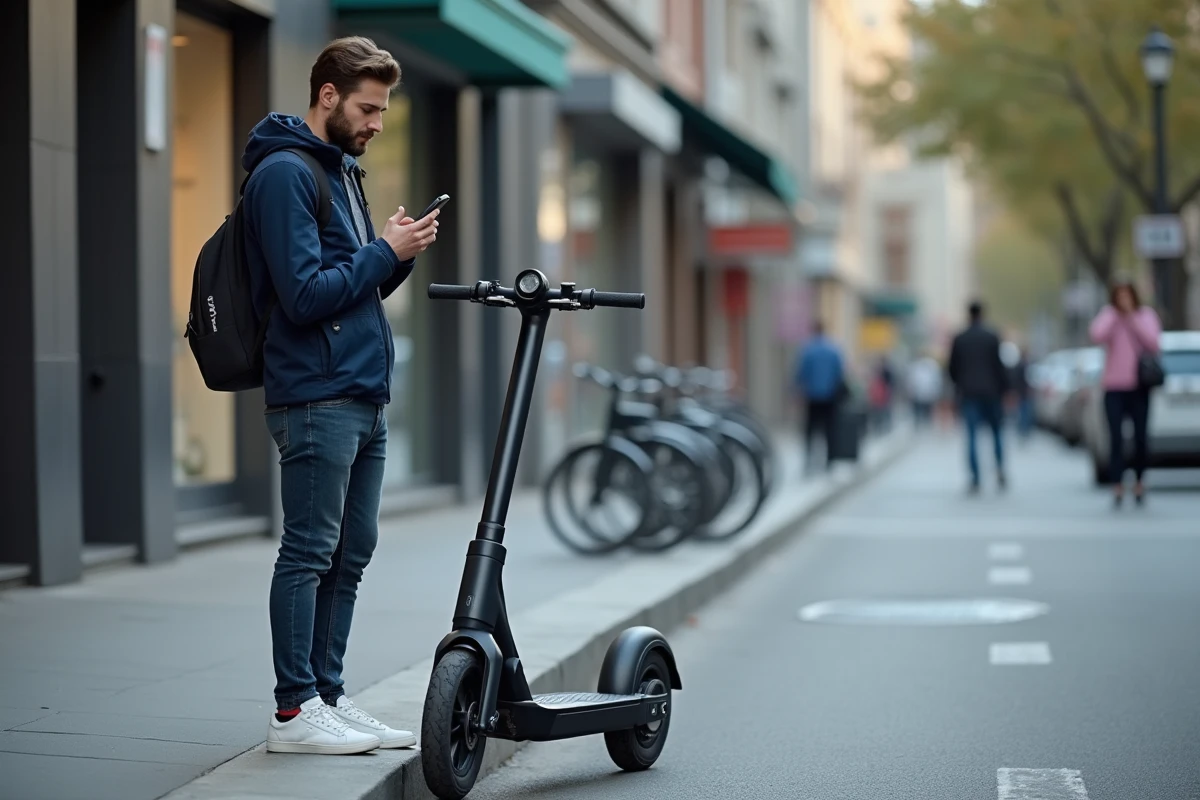 Jeune homme en ville avec scooter et téléphone