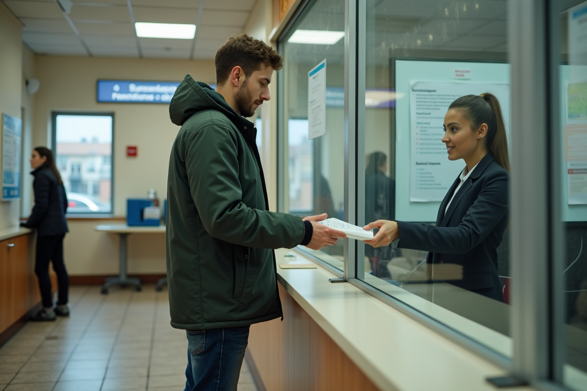 Jeune homme remettant des papiers à un agent dans un service public