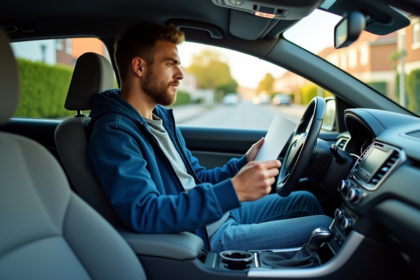 Jeune homme dans sa voiture regardant pensivement