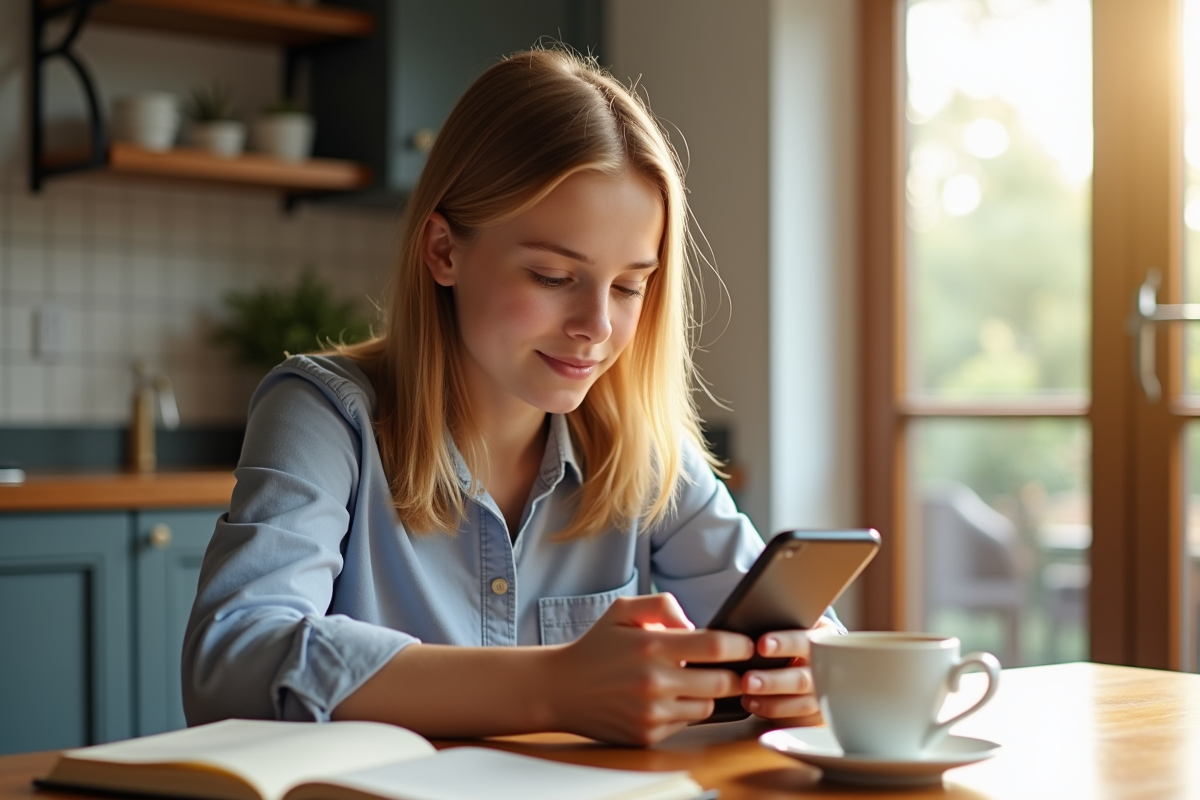 Jeune regardant son smartphone avec une application de points à la maison