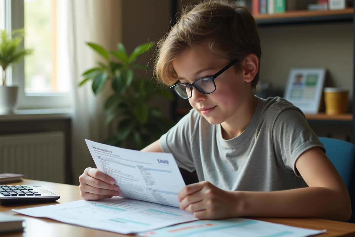 Jeune étudiant examinant papiers de permis de conduire et coûts