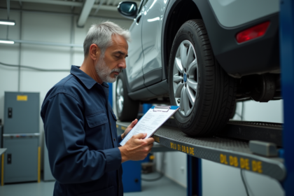 Mécanicien homme en tenue inspectant une voiture sur pont