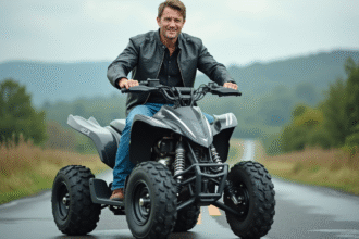 Homme confiant en moto et quad sur route de campagne