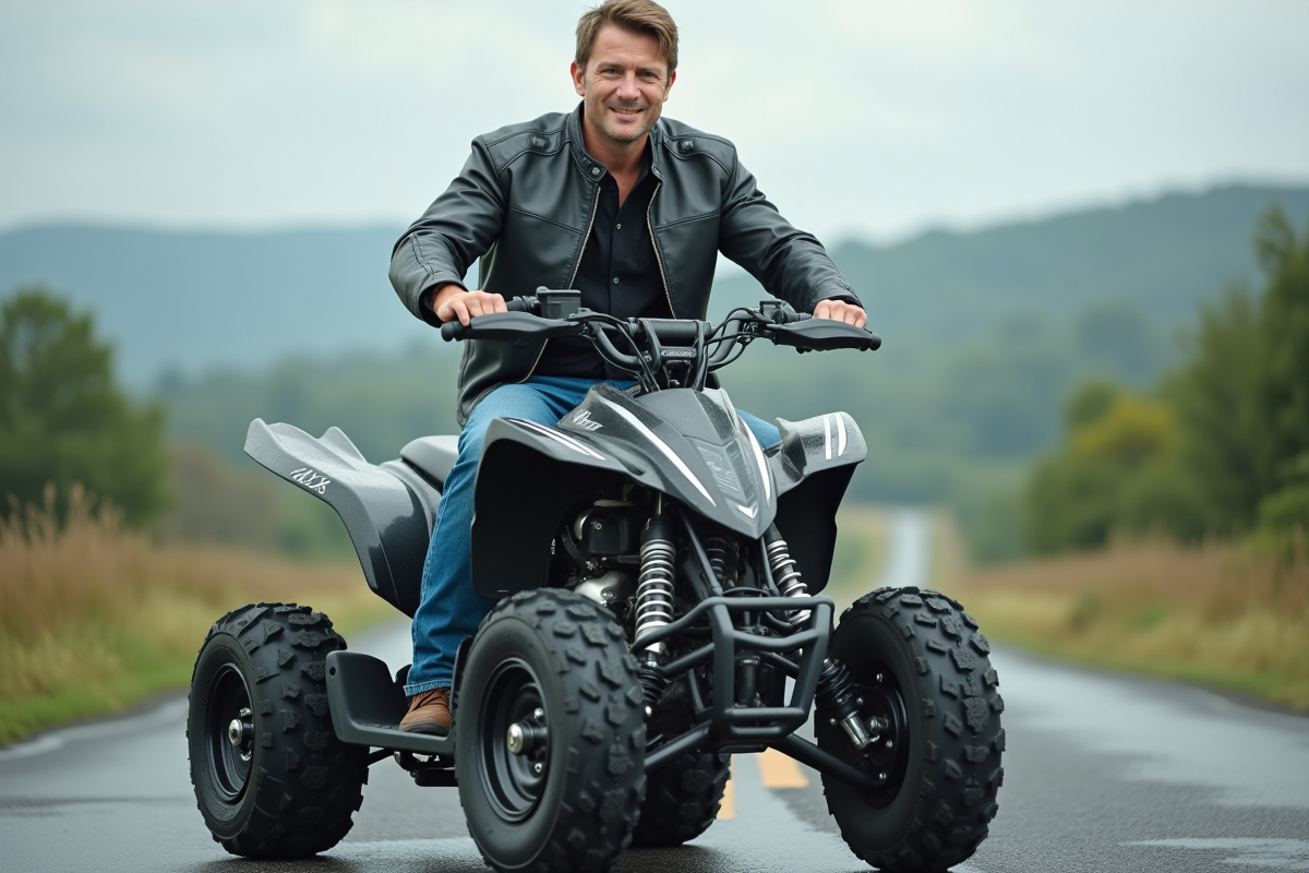 Homme confiant en moto et quad sur route de campagne