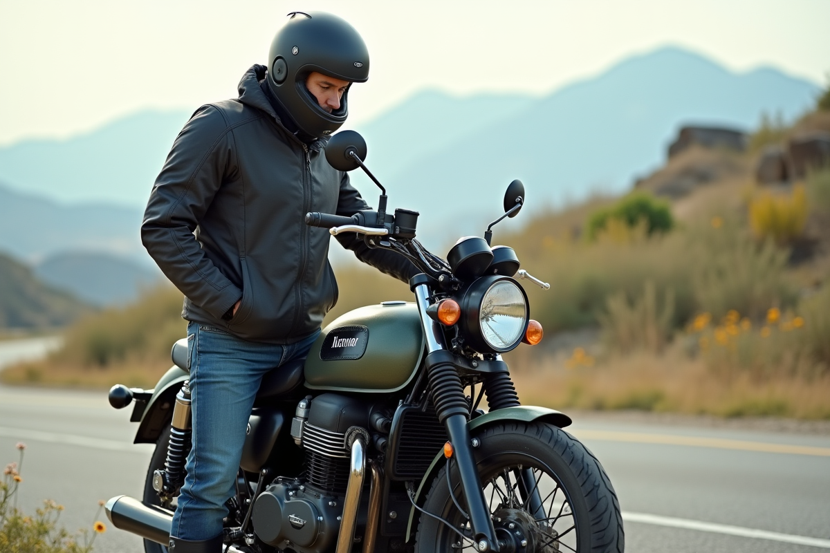 Motard en gear vérifiant l'odomètre à côté de sa moto