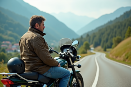 Motard en gear relaxant sur une moto en montagne