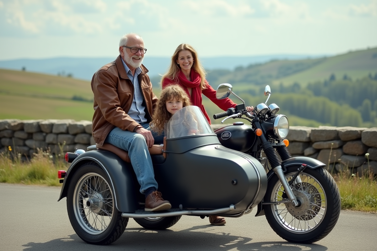 Moto arrêtée au point de vue avec amis et paysage champêtre