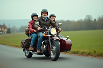 Trois voyageurs à moto avec sidecar sur route rurale française