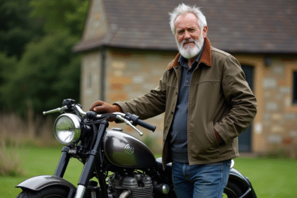 Homme avec moto vintage en milieu rural nostalgique