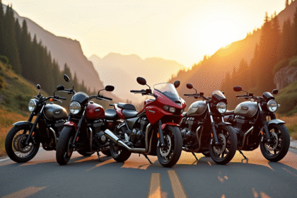 Groupe de motos classiques et modernes sur une route de montagne au lever du soleil