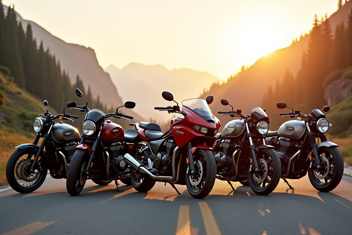 Groupe de motos classiques et modernes sur une route de montagne au lever du soleil