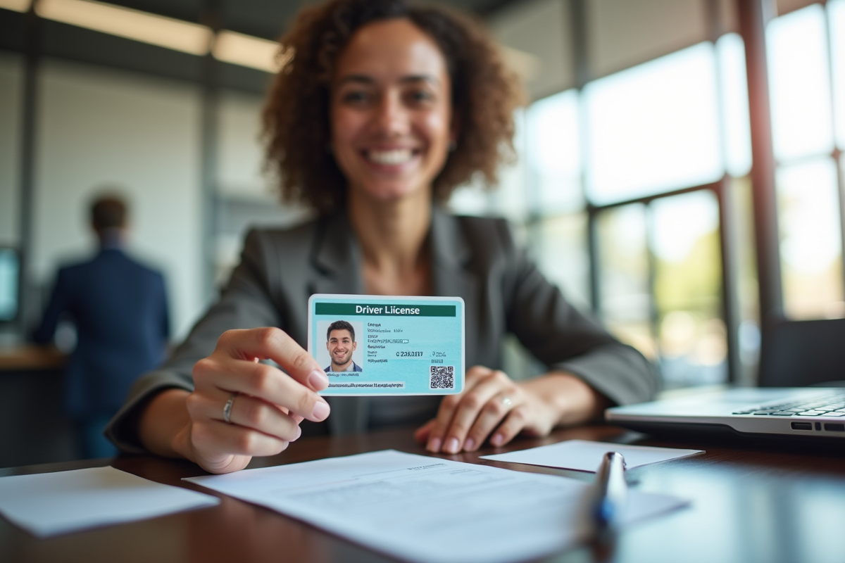 Personne souriante tenant un permis de conduire neuf à un comptoir