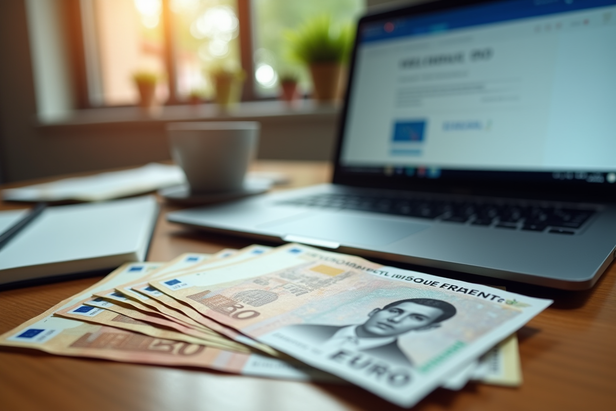 Permis de conduire français avec billets et ordinateur portable