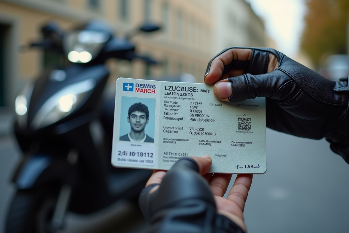 Mains tenant permis moto et gant de protection en plein jour