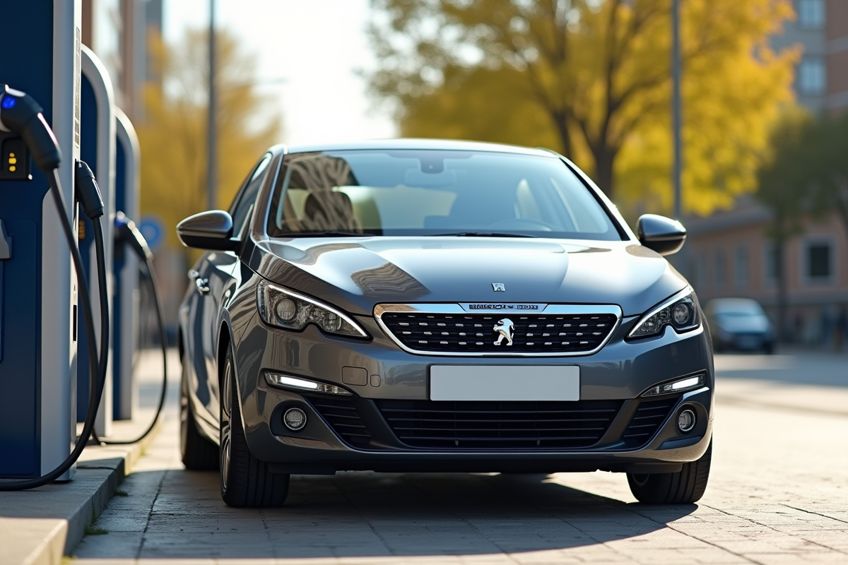 Peugeot 308 hybride en charge dans une ville ensoleillee