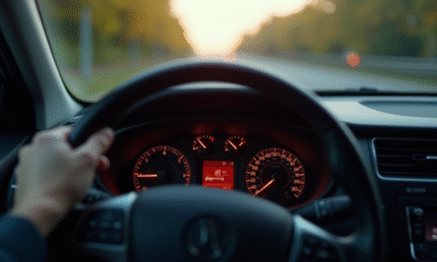 Tableau de bord de voiture avec voyant moteur allumé vue du conducteur