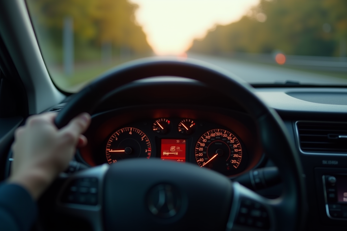 Tableau de bord de voiture avec voyant moteur allumé vue du conducteur