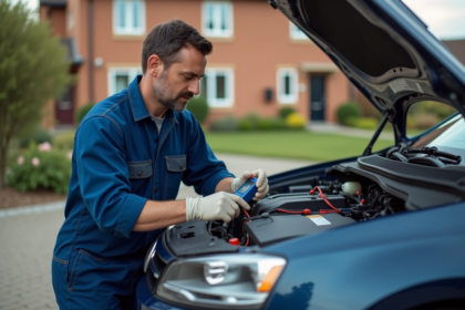 Technicien en overalls connectant une batterie de voiture en extérieur